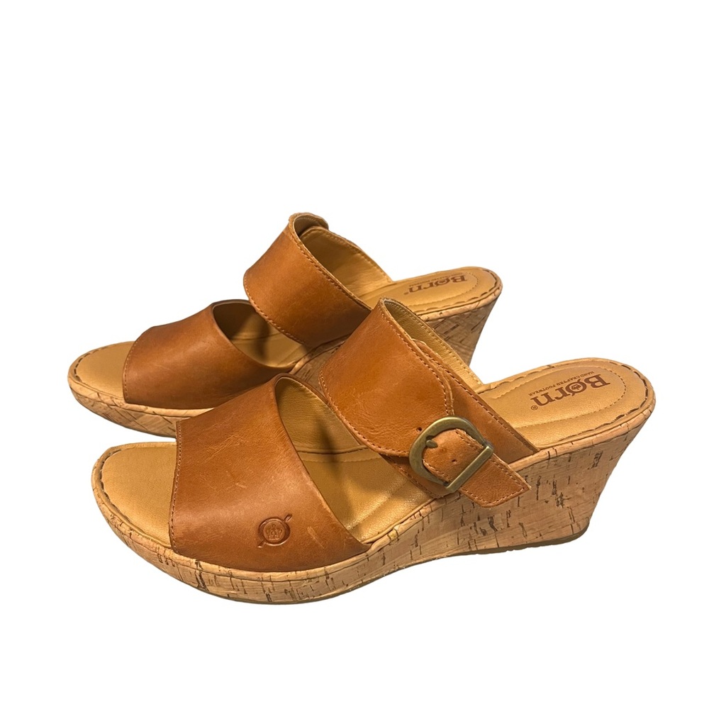 Born Cork High Wedge Sz 11 Tan Brown Leather Sandal Strap Slip On Buckle EUC